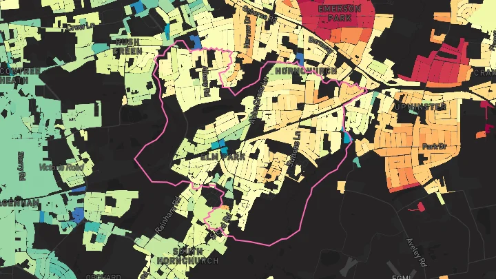 House price heatmap showing property values across Hornchurch