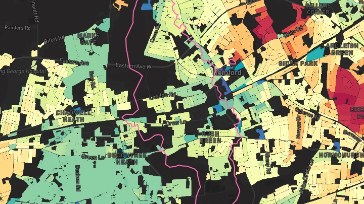 House price heatmap showing property values across Romford
