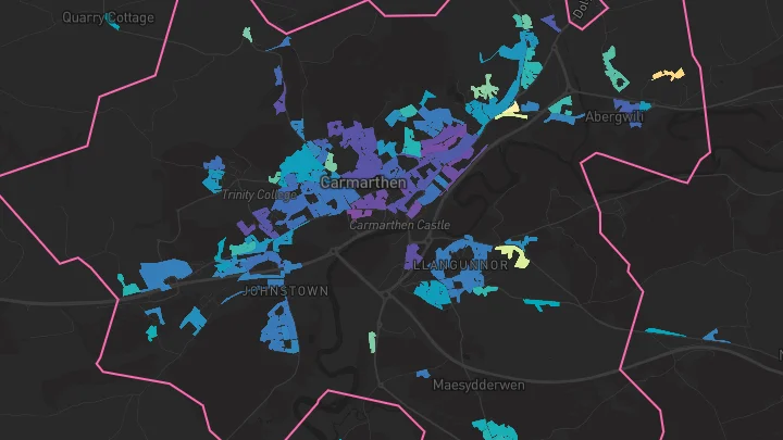 House price heatmap showing property values across Carmarthen