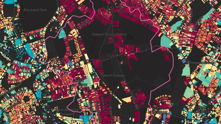 House price heatmap showing property values across West Dulwich