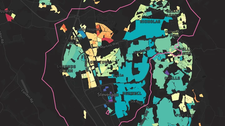 House price heatmap showing property values across Stevenage