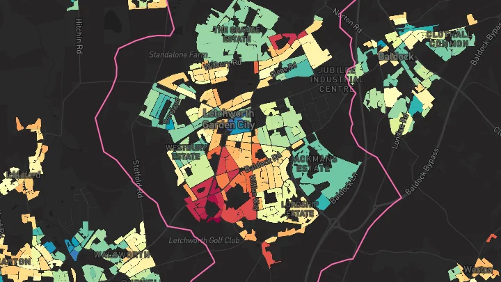 House price heatmap showing property values across Letchworth Garden City