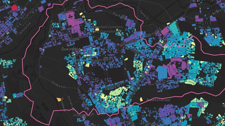 House price heatmap showing property values across Dukinfield