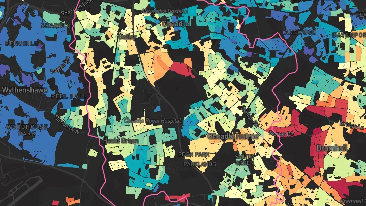 House price heatmap showing property values across Cheadle Hulme
