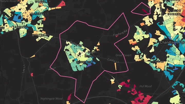 House price heatmap showing property values across North Baddesley