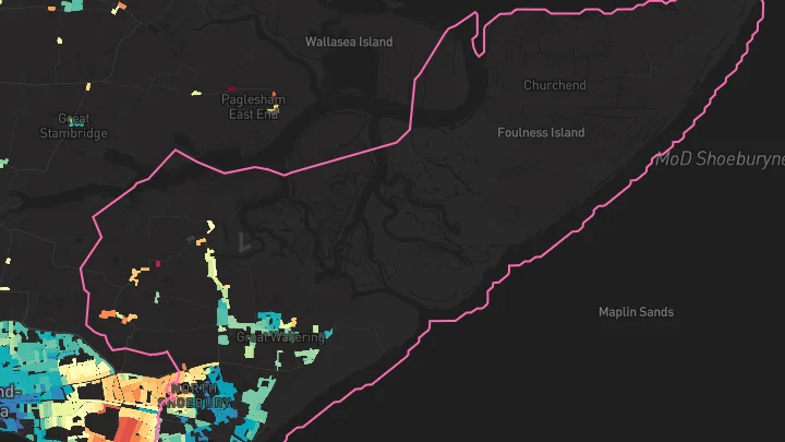 House price heatmap showing property values across Shoeburyness