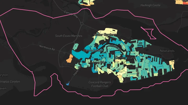 House price heatmap showing property values across Canvey Island