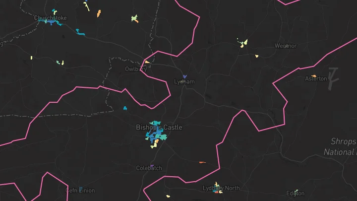 House price heatmap showing property values across Bishops Castle