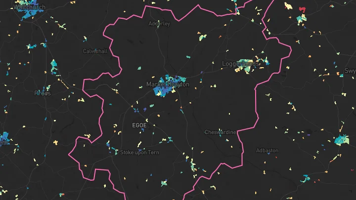 House price heatmap showing property values across Market Drayton