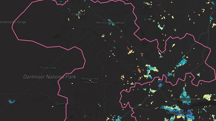 House price heatmap showing property values across Bovey Tracey