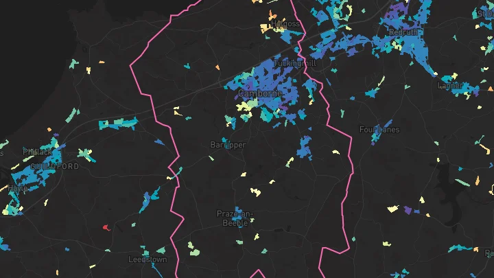 House price heatmap showing property values across Camborne