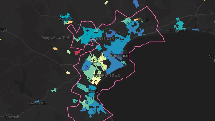 House price heatmap showing property values across Penzance