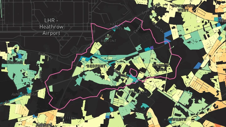 House price heatmap showing property values across Feltham