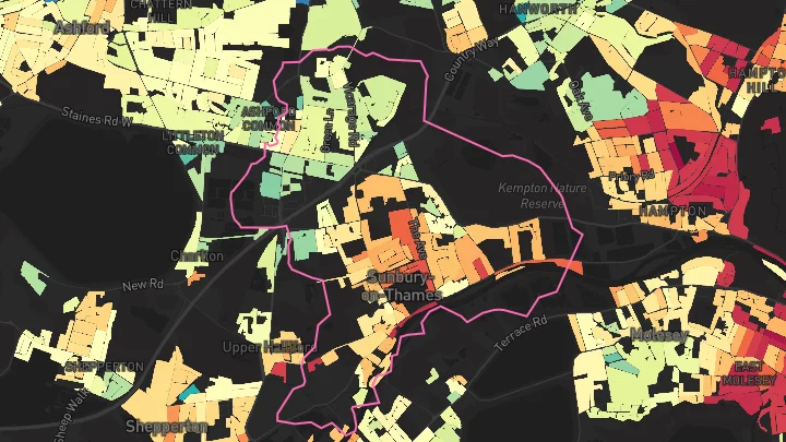 House price heatmap showing property values across Sunbury-On-Thames