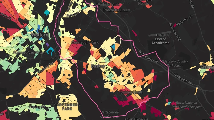 House price heatmap showing property values across Bushey