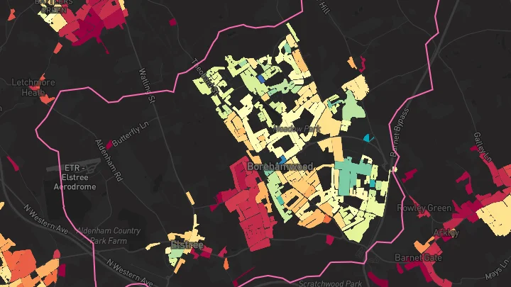 House price heatmap showing property values across Borehamwood