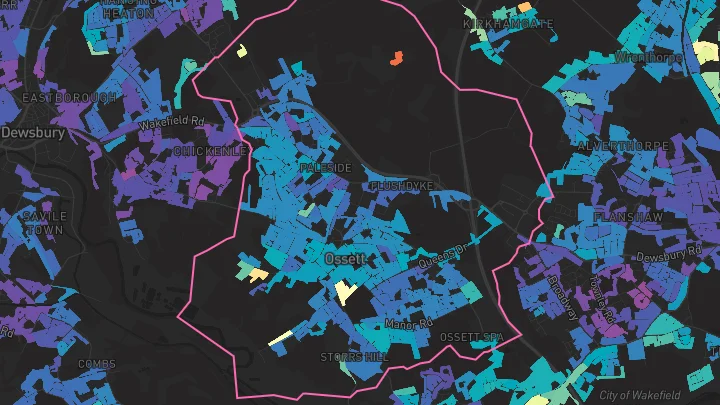 House price heatmap showing property values across Ossett