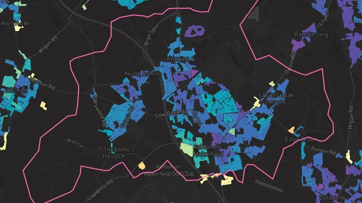 House price heatmap showing property values across Ashton In Makerfield