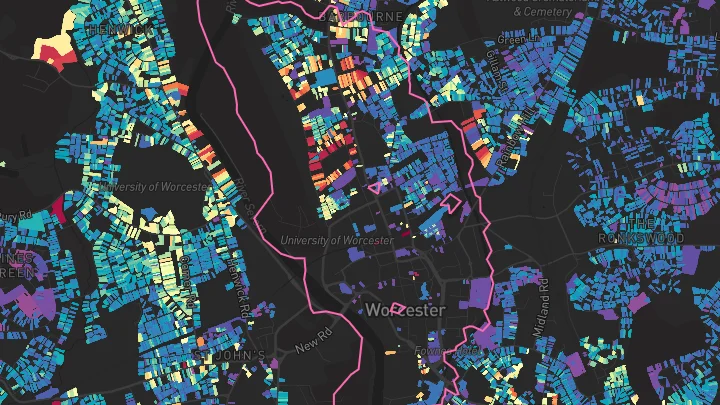 House price heatmap showing property values across Worcester