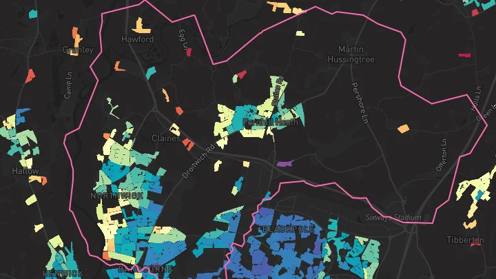 House price heatmap showing property values across Worcester