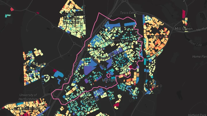 House price heatmap showing property values across Hatfield