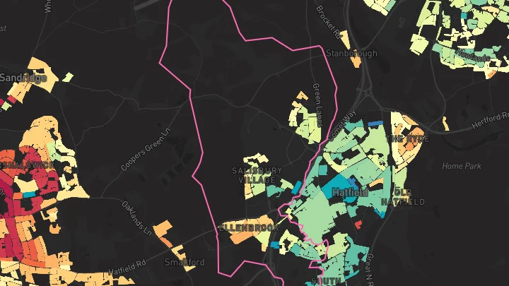 House price heatmap showing property values across Hatfield
