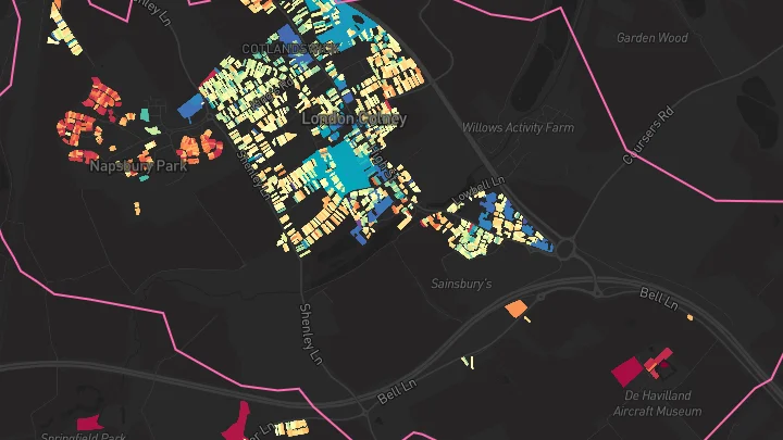 House price heatmap showing property values across London Colney