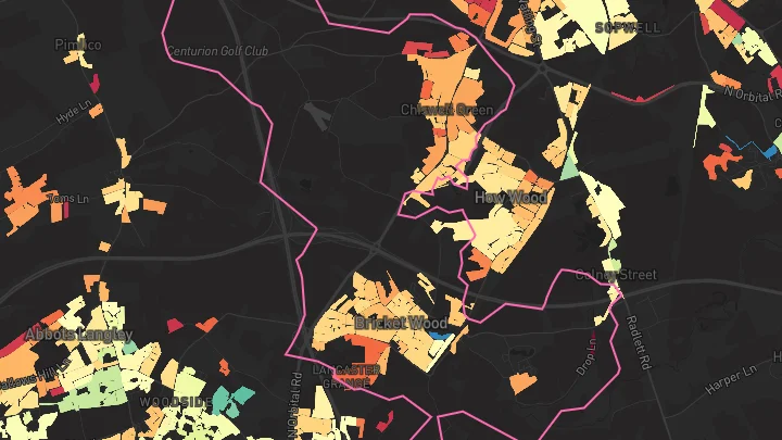 House price heatmap showing property values across Bricket Wood