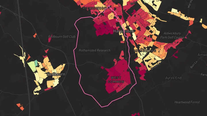 House price heatmap showing property values across Harpenden