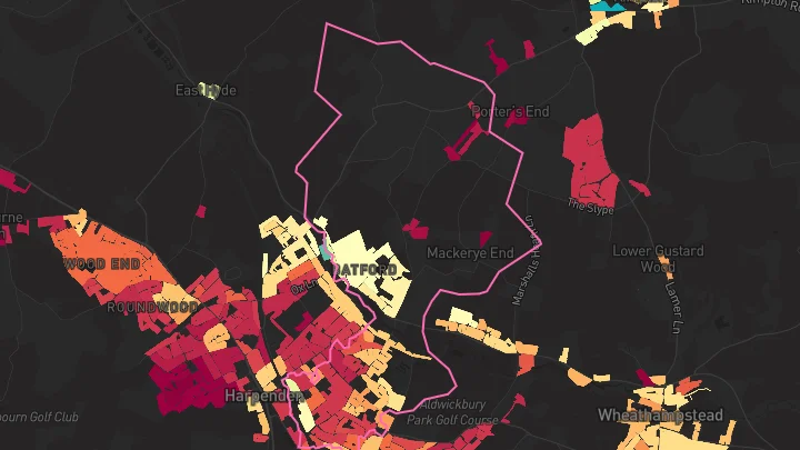 House price heatmap showing property values across Harpenden