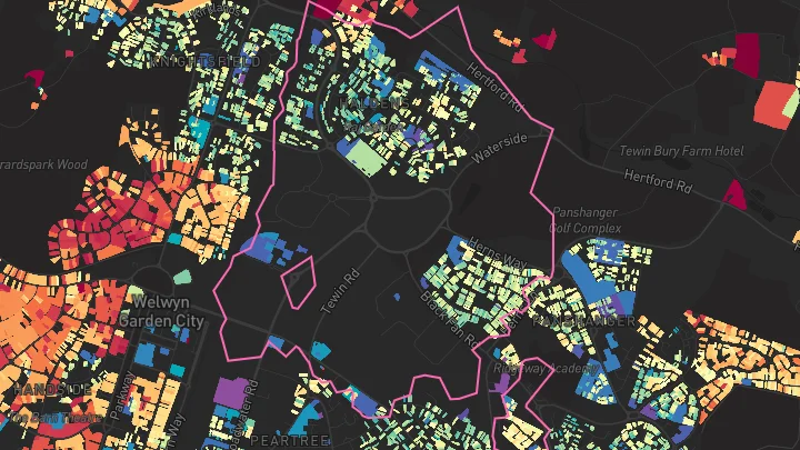 House price heatmap showing property values across Welwyn Garden City