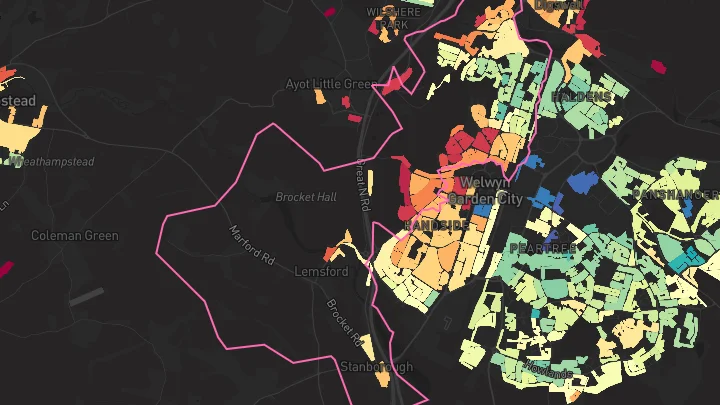 House price heatmap showing property values across Welwyn Garden City