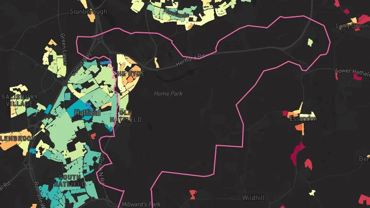 House price heatmap showing property values across Hatfield