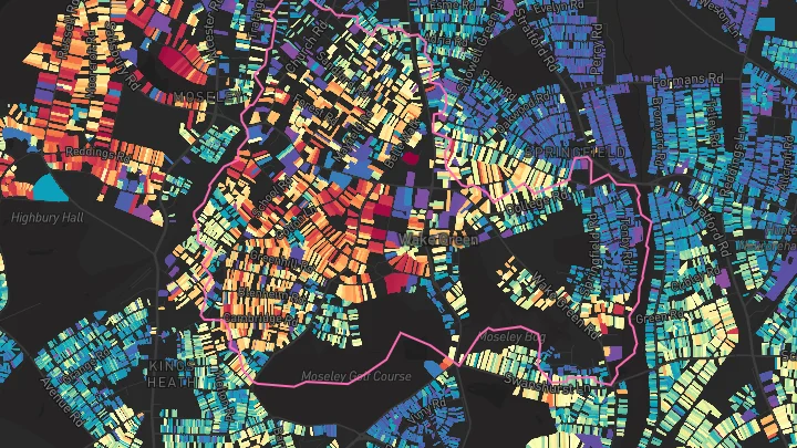 House price heatmap showing property values across Moseley
