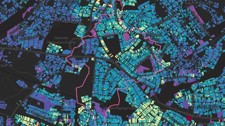 House price heatmap showing property values across Yardley