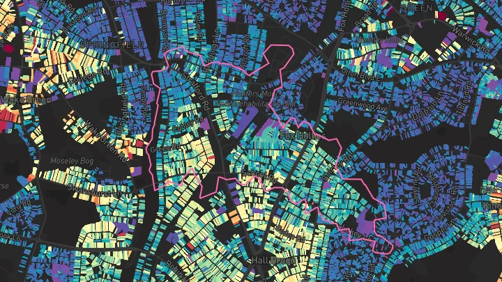 House price heatmap showing property values across Hall Green