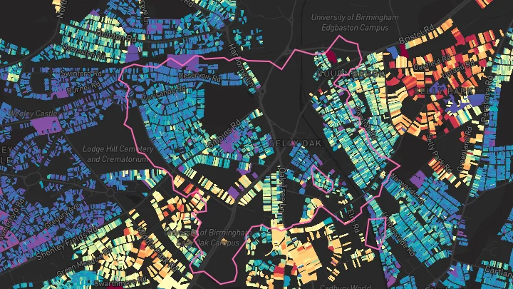 House price heatmap showing property values across Selly Oak