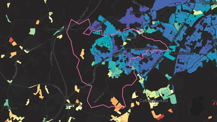 House price heatmap showing property values across Rubery