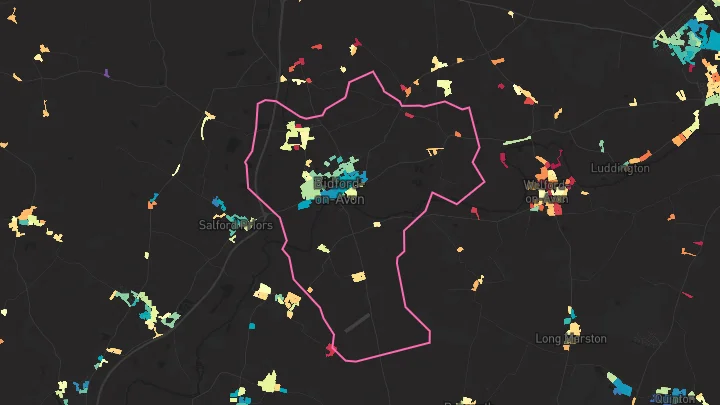 House price heatmap showing property values across Bidford On Avon
