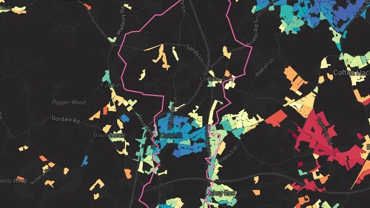 House price heatmap showing property values across Catshill