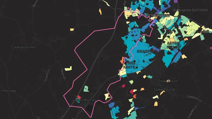 House price heatmap showing property values across Bromsgrove