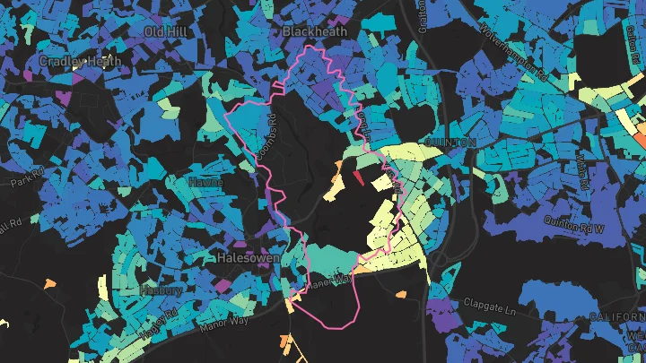 House price heatmap showing property values across Halesowen
