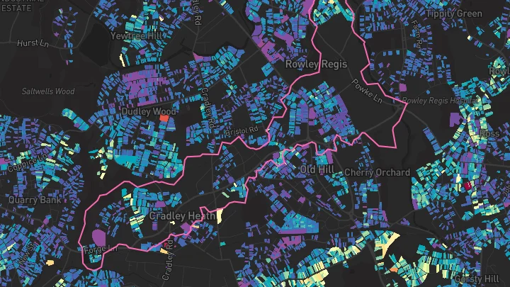 House price heatmap showing property values across Cradley Heath