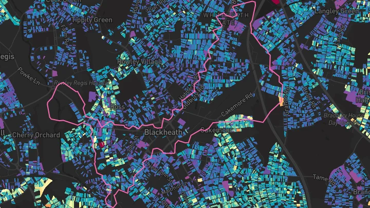 House price heatmap showing property values across Rowley Regis