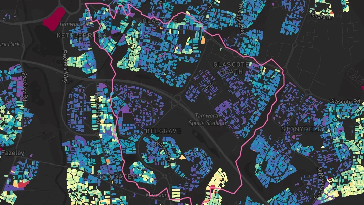 House price heatmap showing property values across Glascote