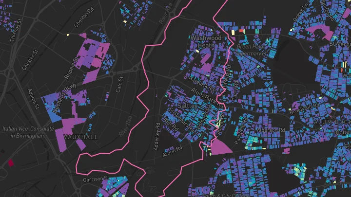 House price heatmap showing property values across Saltley