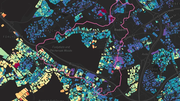 House price heatmap showing property values across Redditch