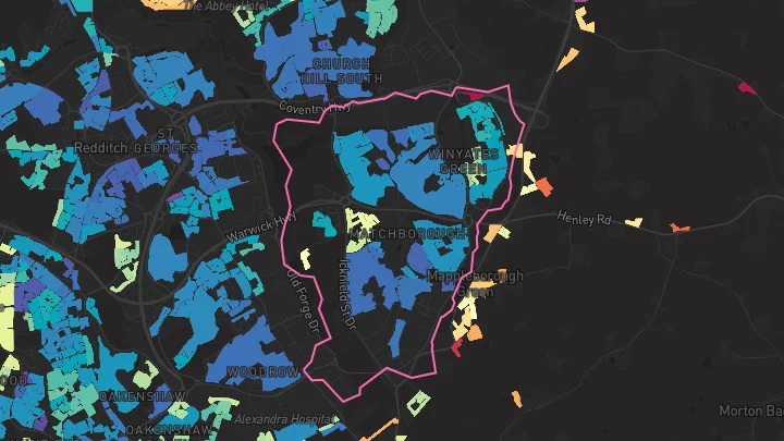 House price heatmap showing property values across Redditch