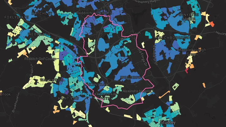 House price heatmap showing property values across Redditch