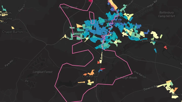 House price heatmap showing property values across Warminster